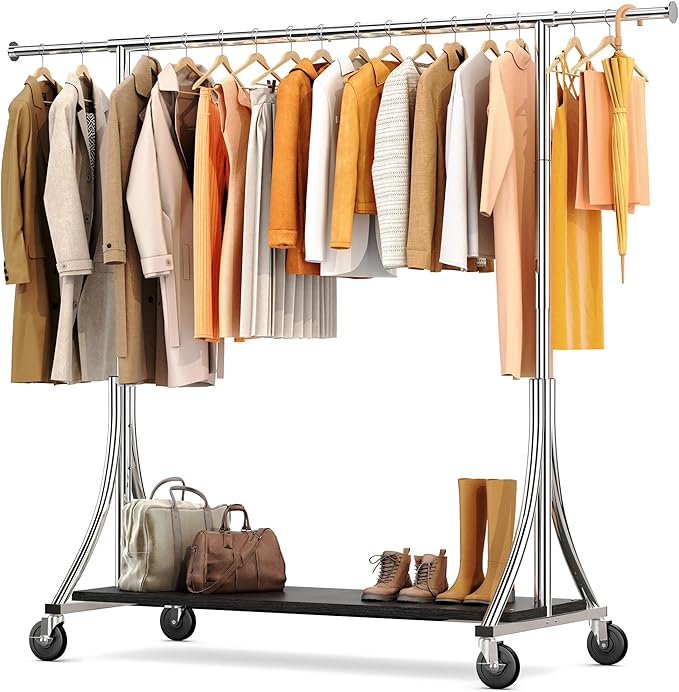 HOKEEPER Clothes Rack with Wood Shelves Height Adjustable Clothing Rack with Lockable Wheels 500LBS Portable Wooden Garment Closet for Bedroom, Living Room, Laundry, Balcony, Silver