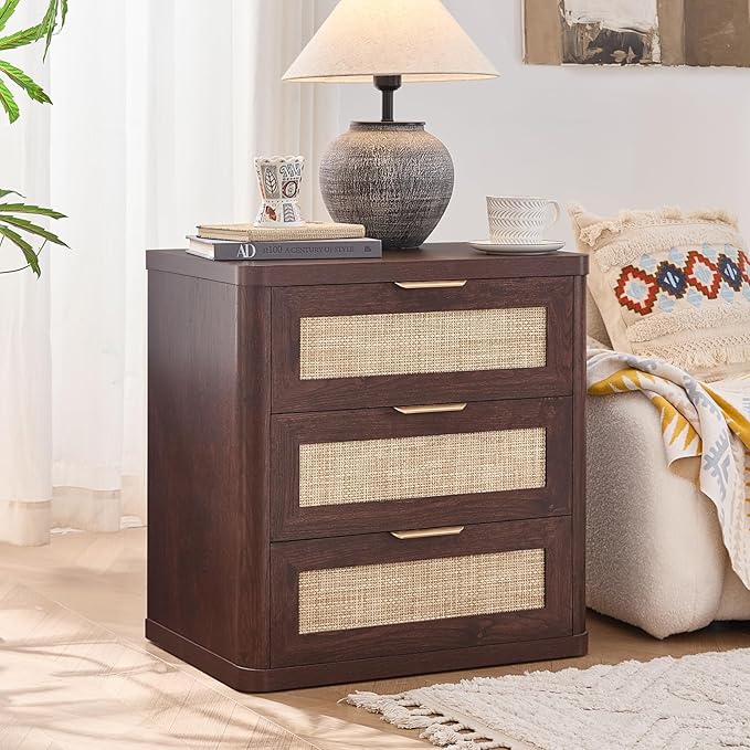 LEYAOYAO Rattan Night Stand Set of 2 with Drawers, 23" Large 3 Drawer Boho Nightstand, Walnut Bedside Table Storage Cabinet, Bed Side End Tables Dresser for Bedroom, Living Room, Hallway, Closet