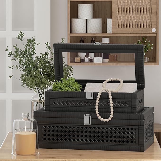 Rattan Decorative Box,Boho Display Boxes with Lids,Set of 2 Rectangular Wicker Storage Decoration,Natural Woven Cane Bins for Home Decor for Rustic Farmhouse(Black)