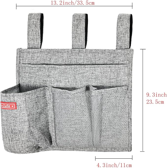 Linen Bedside Caddy, Bedside Storage Organizer for Hospital Beds, College Dorm Rooms or Baby Bed (4 Pockets-Grey)