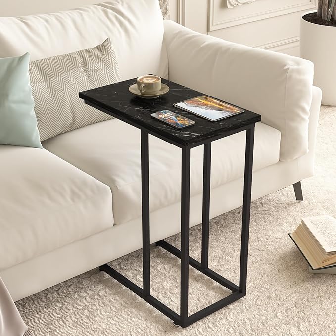 VECELO C Shaped End Side Table for Sofa Couch and Bed Snack TV Tray for Living Room Bedroom, 1 PCS, Black Marble