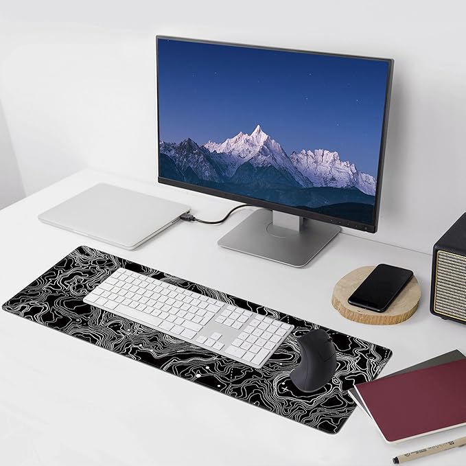 Black with White Topographic Line Large Mouse Pad,Gaming Keyboard Desk Pad,Extended Mouse Mat Non-Slip Rubber Base with Stitched Edges for Office Game Home XL 31.5"x11.8"
