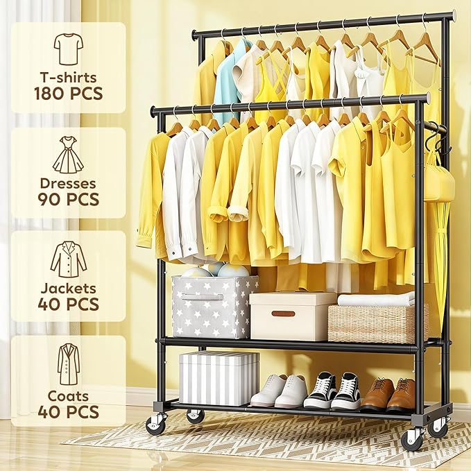 Double Rod Clothing Rack Heavy Duty with Oxford and Mesh Bottom Shelves, Garment Racks for Hanging Clothes, Portable Wardrobe Rack, Metal Clothes Rack Sturdy Coat Rack for Bedroom Laundry Living Room