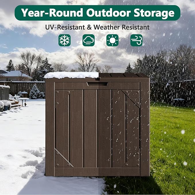 Outdoor Storage Box, 30 Gallon Deck Box Outdoor Storage Bench Outside Waterproof Resin Storage Bench, Lockable Patio Cushions, Garden Tools Storage For Furniture, UV Resistant(Brown)
