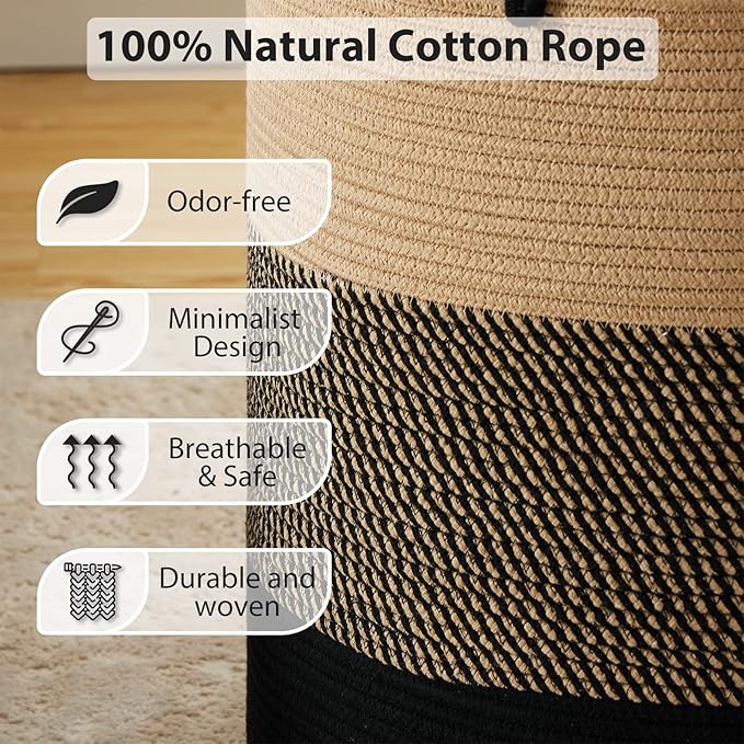 Fiona's magic 72L Large Woven Laundry Hamper, Tall Cotton Rope Storage Basket, Jute Baby Nursery Hamper for Blankets, Toys and Clothes in Bedroom and Living Room Organizing, Brown & Black