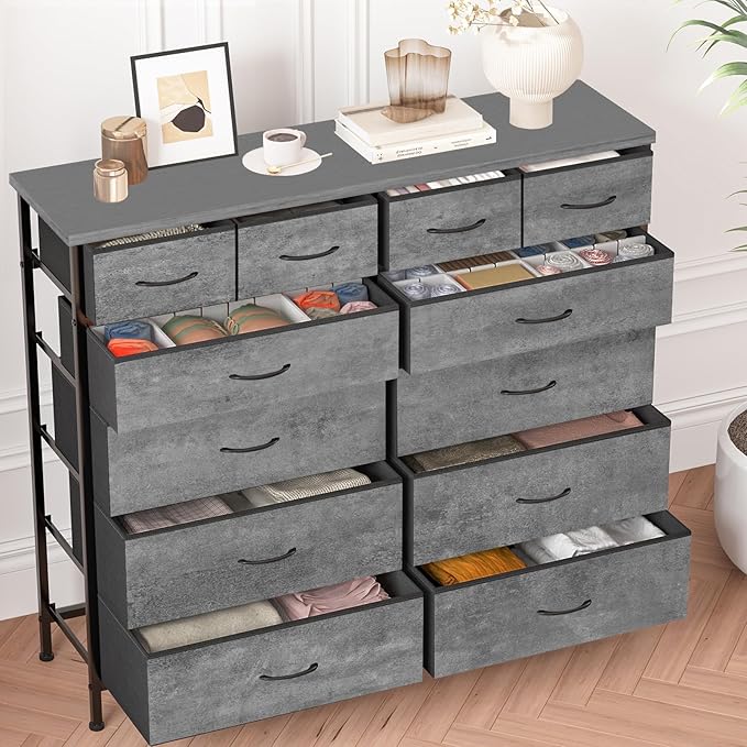 Gray Dresser for Bedroom with 12 Deep Drawers, Wide Chest of Drawers, 55" Wood Top TV Stand, Tall Fabric Storage Cabinet for Closet, Nursery, Kid's Room