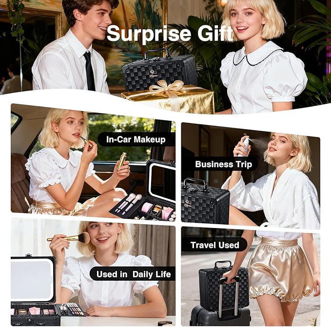 Makeup Case with Magnetic Lighted Mirror 10.15 IN Makeup Organizer Box Travel Cosmetic Case with 3 Colors LED Mirror Portable Vanity Make up Suitcase with Dividers Brush Holder Lock Black Checkerboard