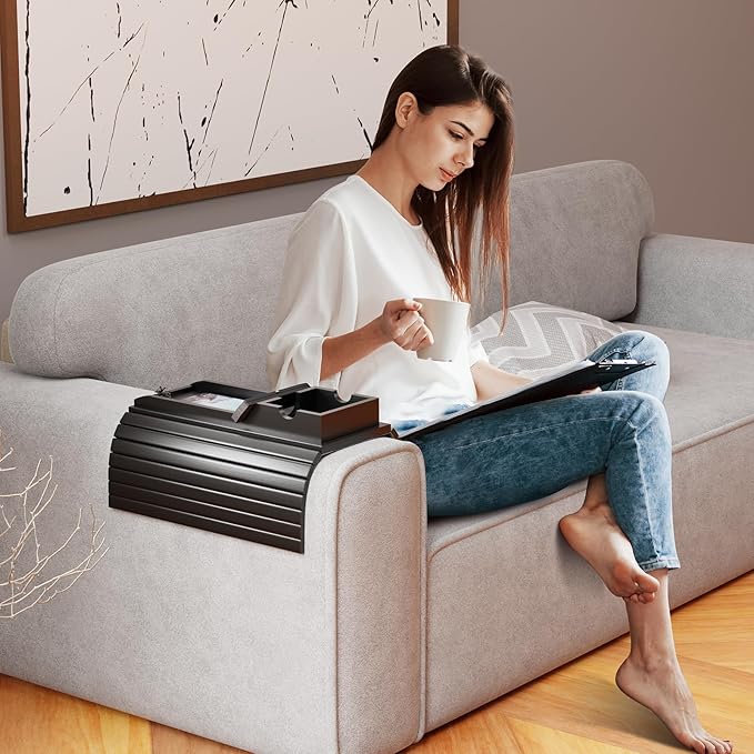 Couch Armrest Table, Sofa Arm Tray with Detachable Couch Cup Holder - 2 in 1 Anti-Slip Foldable Sofa Armchair Caddy Table for Drinks Cellphone TV Remote Snacks (Black)