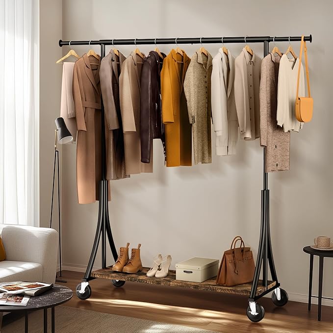HOKEEPER Clothes Rack with Wood Shelves Height Adjustable Clothing Rack with Lockable Wheels 500LBS Portable Wooden Garment Closet for Bedroom, Living Room, Laundry, Balcony, Black