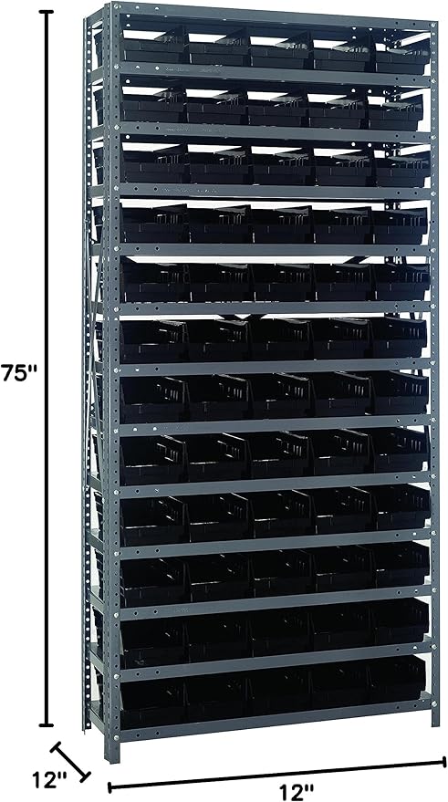 Quantum Storage Systems 1275-102BK Steel Shelving Unit with 4" Shelf Bins, 12" D x 36" W x 75" H, Black