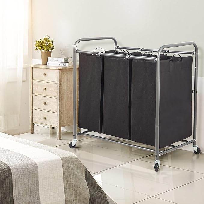 STO STO Laundry Sorter 3 Section, 3 Bag Laundry Hamper, Rolling Laundry Cart, Laundry Basket with Heavy Duty Lockable Wheels and Removable Bag for Clothes Storage, Black