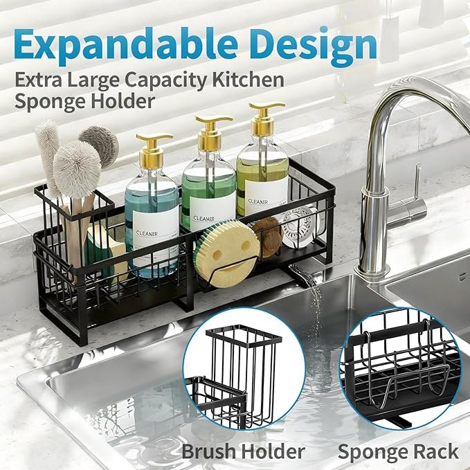 Extra Large Extendable Sponge Holder for Kitchen Sink, Rustproof Sink Caddy Organizer with High Brush Holder, Dish Soap Dispenser Organizers and Storage, Home Essentials Kitchen Countertop Accessories