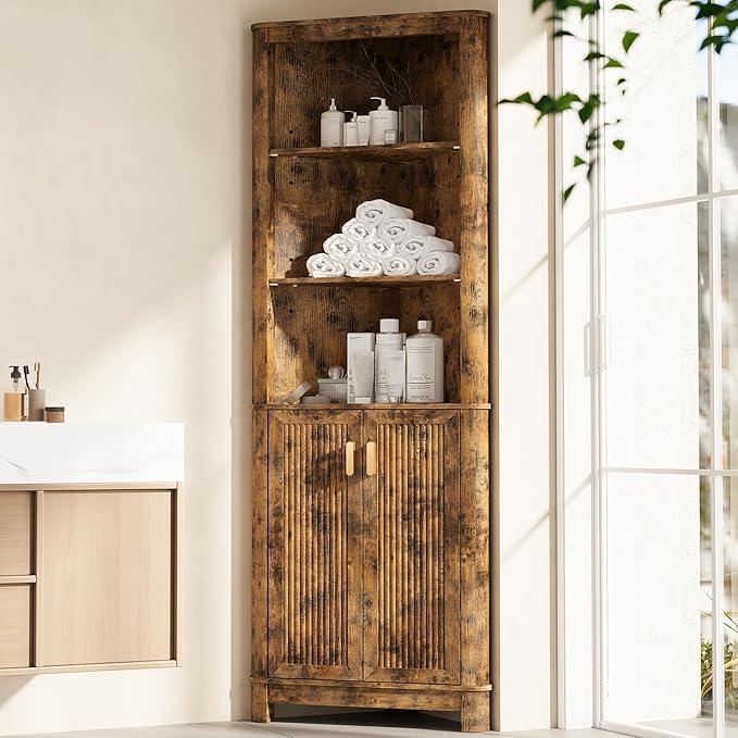 69" Tall Corner Shelf with Doors, 7-Tier Corner Storage Cabinet with Doors, Space Saver Shelf for Bathroom, Bathroom Floor Cabinet for Living Room Kitchen, Hallway