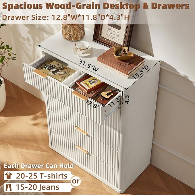 LEYAOYAO Fluted 6 Drawers Dresser for Bedroom, 42" Tall Modern Chest of Drawers with Metal Handle, Curved Profile Design,White Wood Drawer Organizer for Bedroom, Living Room, Hallway, Entryway