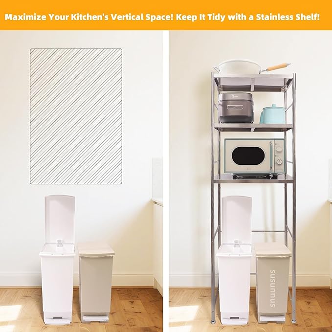 susunnus Stainless Steel Shelf,Kitchen Storage Shelves,Microwave Mini Fridge Shelf,Adjustable Height,Open Lower Tier,Laundry Room, Repository (3tier(23.6 * 15.7 * 66.1in))