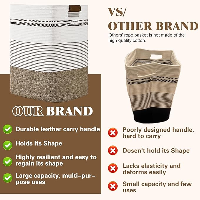 Laundry Hamper, 85L Tall Laundry Basket with Leather Handles, Rectangle Large Clothes Hamper for Organizing, Cotton Woven Laundry Baskets Storage Hampers for Bedroom, Nursery, Living Room