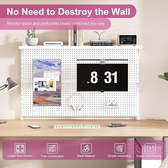 KEIKI Metal Pegboard Desk Organizer with Dual Monitor Stand, 59" x 35" Large Desk Peg Board with Hooks & Movable Panel, Office Organization and Storage Shelf for Gaming or Workstation Setup, White
