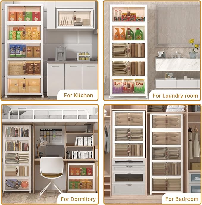 Extra Large Stackable Storage Bins with Lids & Wheels, Foldable Collapsible Closet Organizers Storage Cabinet with Doors for Bedroom Dorm (White, 504QT-168QT/42GAL*3Pack)