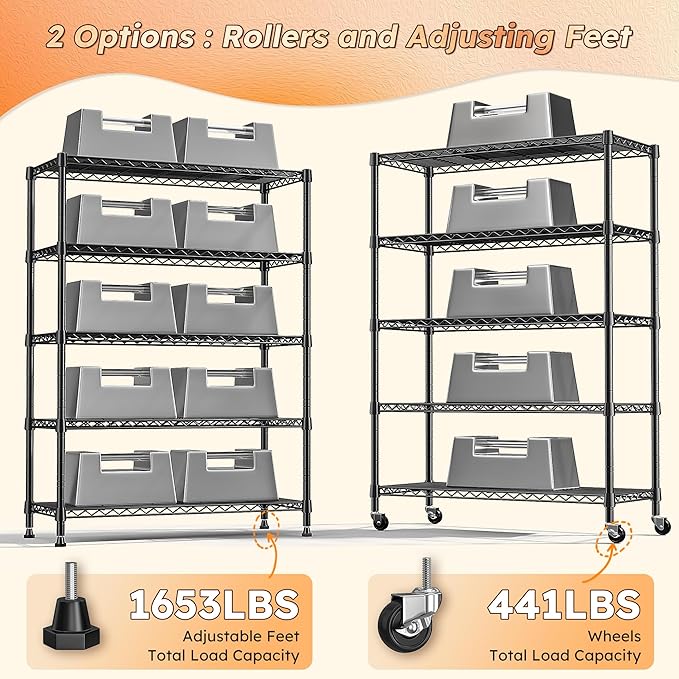 REIBII 1653LBS Storage Shelves with Wheels,76.1" H Metal Shelving 5-Tire Adjustable Wire Shelving Pantry Shelves for Garage Shelving, Pantry, Kitchen, Closet, Commercial,15.7" D x 35.4" Wx76.1 H