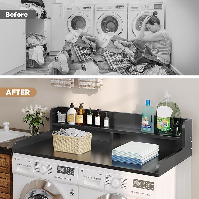 2-Tier Washer Dryer Countertop with 2.75"H Edge Rails, 54" W x 27.55" D Laundry Countertop for Folding Clothes, Washer and Dryer Topper with Non-Slip Pad (Black)