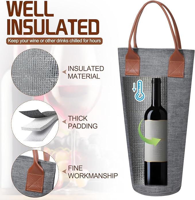 Shappy 6 Pack Single Bottle Wine Tote Bag 1 Bottle Insulated Wine Carrier Bag Thermal Protective Wine Tote Bag Grey Portable Padded Wine Cooler for Travel Picnic Dinner Wedding Present for Wine Lover