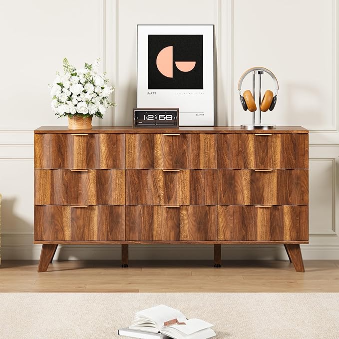 9 Drawer Dresser, Modern Fluted Storage Dresser with Deep Drawers and Metal Handles, Wood Chest of Drawers Storage Organizer for Bedroom, Living Room, Hallway (Walnut)