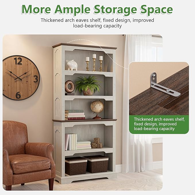 70 Inch Farmhouse Bookcase, Distressed White and Walnut Two-Tone Shelves, 5 Tier Bookshelf with Arched Trim, Living Room Storage Cabinet Unit, 31.5x11.8 Inches (Off White & Walnut, Open Shelf)