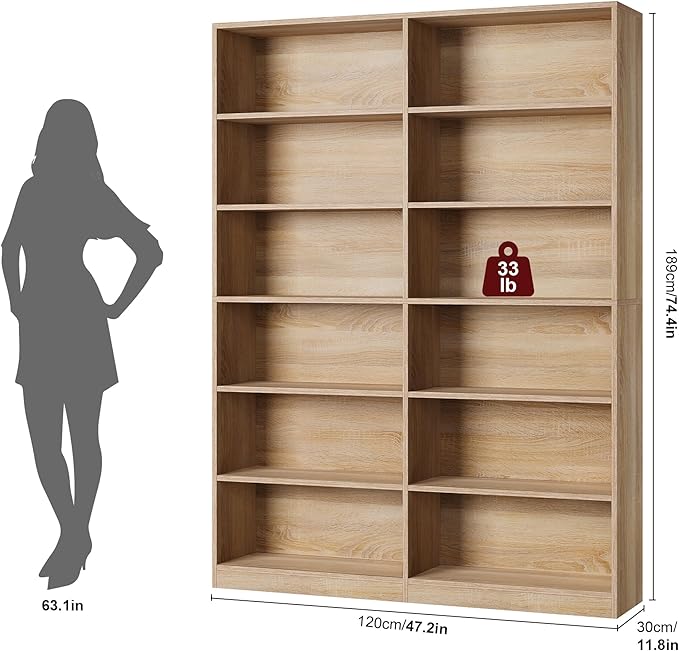 FACBOTALL Bookshelf and Bookcase, 6-Tier Double Wide Bookshelves,Freestanding Display Storage Shelves, Tall Bookcases for Home Decor Bedroom, Living Room, Home Office, Light Oak
