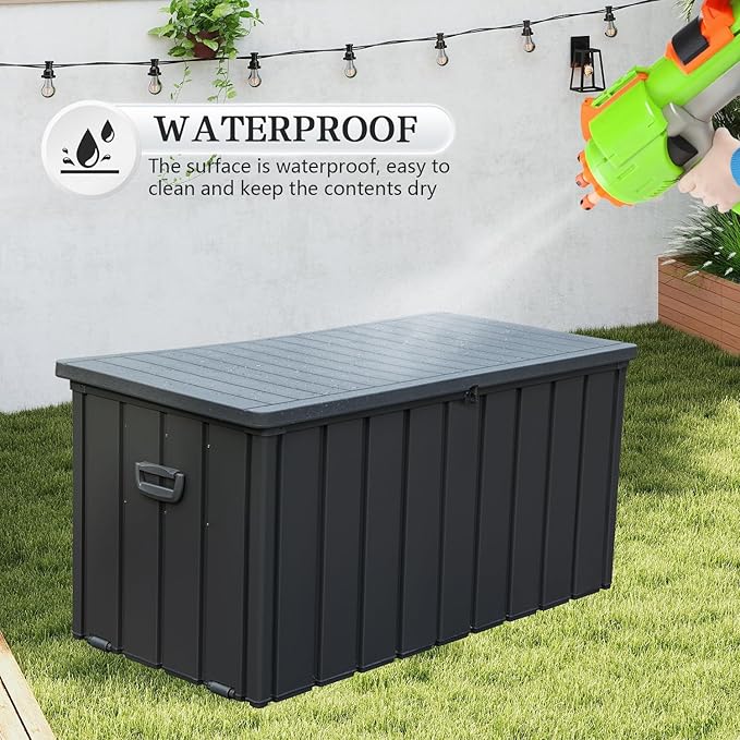 Domi 120 Gallon Deck Box, Metal Outdoor Storage Box with Resin Lid Lock Wheels Side Handles, Waterproof Outside Storage Box for Patio Cushions, Shoes & Pool Tools