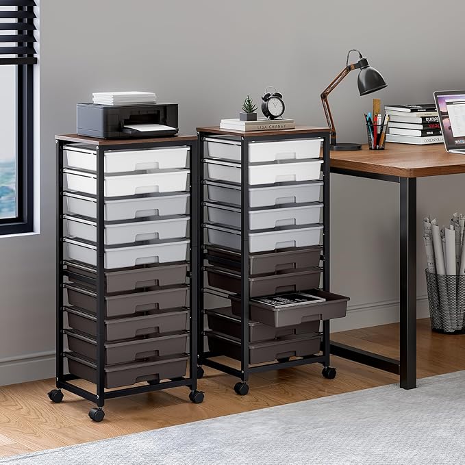 Rolling Cart with Drawers,10 Drawer Rolling Cart,Storage Cart,Utility Cart,Teacher Cart for Classroom Storage,Craft Cart with Wheels and Wooden Tabletop,Grey