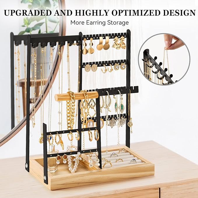 DreamGenius Jewelry Organizer Stand with Velvet Ring Holder, 4 Tier Jewelry Holder Organizer with 11 Hooks for Necklaces and 132 Holes for Earrings, Black