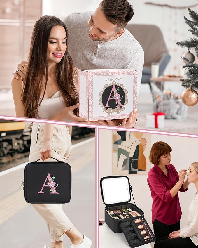 Relavel Initial Makeup Bag with LED Mirror for Women Girls, Personalized Travel Cosmetic Organizer Train Case, Birthday Gifts for Grandkids Bridesmaid Graduation Teacher Friends, Trendy Stuff, Black L
