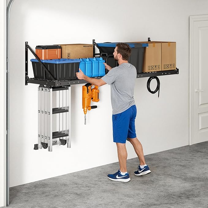 FLEXIMOUNTS 2-Pack 2x4ft Garage Wall Shelving - Heavy Duty Garage Storage Rack, 880lbs Load Capacity with Brace Guardrail, Organization System for Tools, Bins, Utility Room, Pro Series