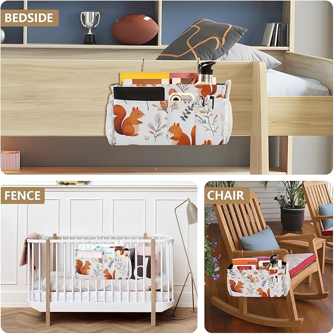 Squirrels and Fall Leaves Bedside Caddy for Dorm Bed Bedside Hanging Caddy Bag Iron Frame Storage Organizer Pocket for Bunk Home College Hospital Beds 2 Hooks
