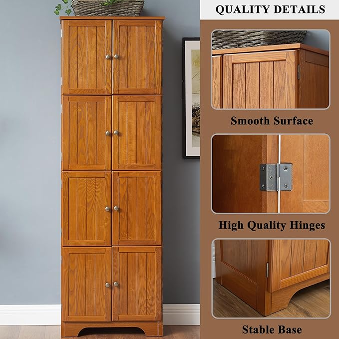 72" Tall Farmhouse Storage Cabinet, 4 Tier Kitchen Pantry Cabinet with 4 Shelves & 8 Doors, Freestanding Floor Storage Cabinet Wooden Organizer Bookcase for Living Room, Kitchen (Oak)