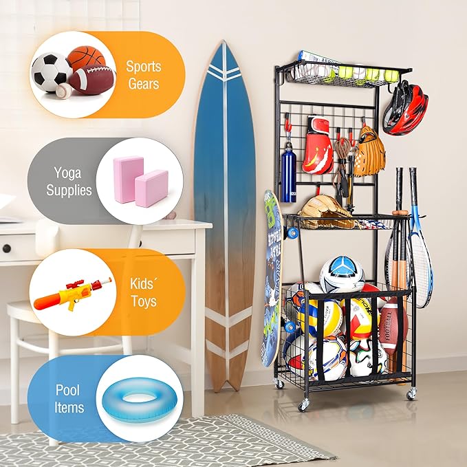 PLKOW Sports Equipment Storage for Garage, Indoor/Outdoor Sports Rack for Garage, Ball Storage Garage Organizer with Basket and Hooks,Toy/Sports Gear Storage