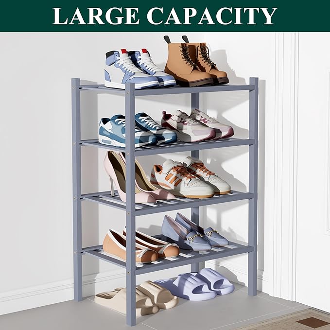 Smiry Bamboo Shoe Rack for Closet, 4 Tier Small Wooden Stackable Shoe Organizer, Free Standing Shoes Storage Shelf for Entryway, Front Door Entrance, Grey