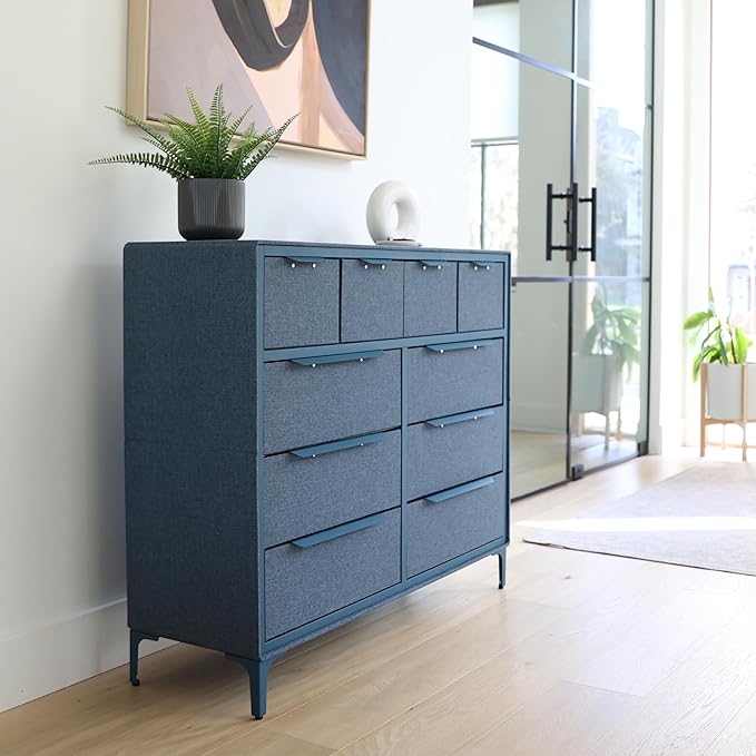 Naima Premium Fabric Dresser - Strong Metal Frame, 10 Spacious Sag-Proof Drawers with Sleek Metal Handles - Premium & Durable Storage Solution for Your Home (Navy)