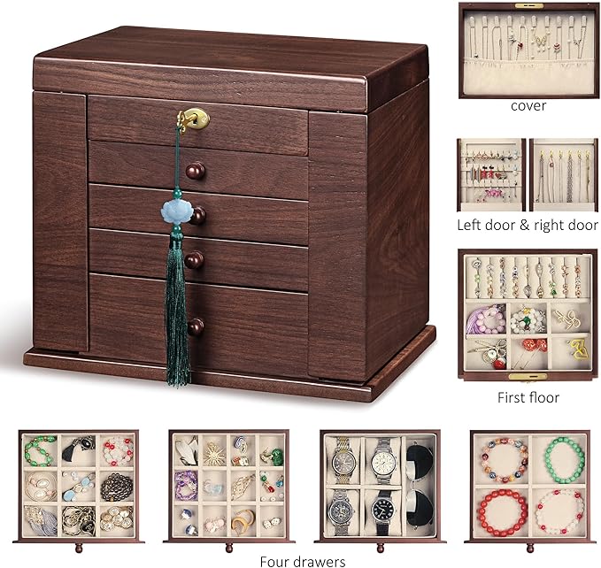 Wooden Jewelry Boxes for Women with Lock,Large Capacity Jewelry Boxes & Organizers,Vintage jewelry organizers and storage,dresser top jewelry organizer,Gift for Wives & Mothers
