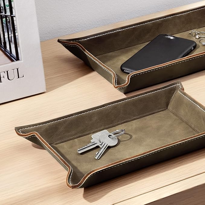 Navaris Faux Leather Valet Tray Set of 2 - Catch All Tray for Key Entryway Table Nightstand - Catchall for Keys Watch Remote Phone - Valet Storage for Men - Mens Storage Dish