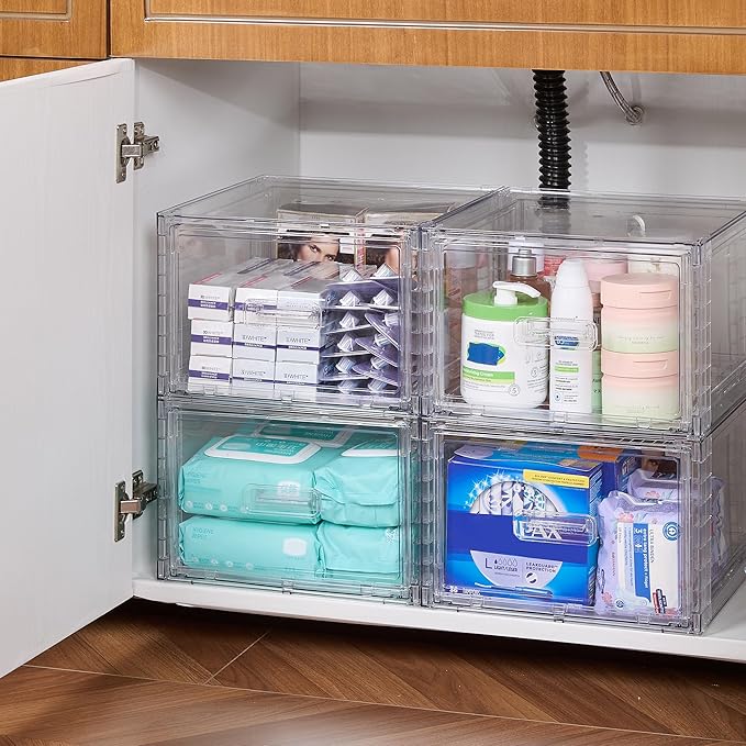 Vtopmart 3 Pack 18QT Clear Stackable Storage Drawers,Easily Assemble Closet Organizers,Plastic Storage Bins for Bathroom,Cabinet,Kitchen Pantry,Under Sink Organization(Medium)