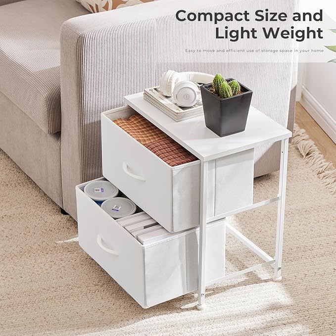 DUMOS Nightstand Small Dresser with 2 Fabric Drawers Side Tables Bedroom End Table Kids Bedside Storage Furniture for 20 inch Tall Night Stand for Closet, Entryway, College Dorm, White(2 Pack)