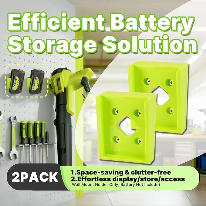 Wall Mount Holder Compatible with Ryobi Battery 40V：4Ah, 5Ah, 6Ah, 2 Pack Plastic Wall Mount Battery Storage Rack with Screws