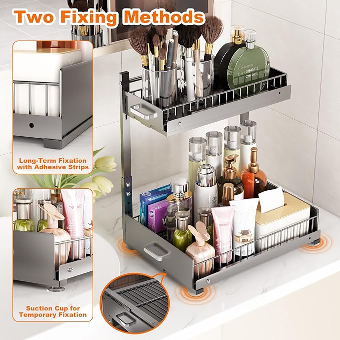 Under Sink Organizer,2 Tier Slide Out Kitchen Cabinet Organizers with Pulley,Under Bathroom Sink Pull Out Organizer with Multiple Height Adjustments for Kitchen and Bathroom Cabinets (Gray)