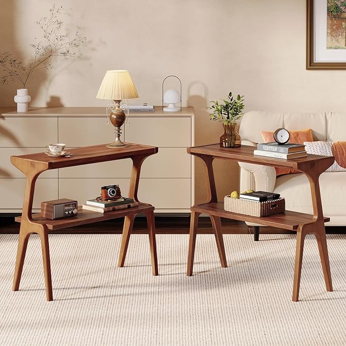 Set of 2 Solid Wood End Table, 2-Tier Side Table with Storage Shelf, Wooden Modern Accent Slim Bedside Table for Sofa, Living Room, Bedroom, Small Space, Easy Assembly, Rustic Brown