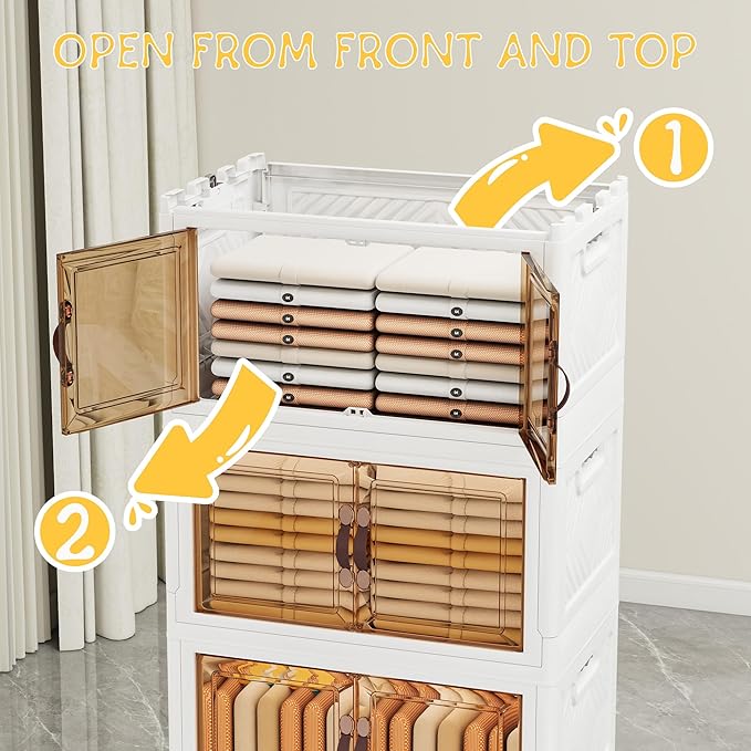 Storage Bins with 2 Lids and Wheels, Collapsible Bathroom Storage Cabinet with Clear Doors, Plastic Stackable Closet Organizers and Storage Containers White 597 QT
