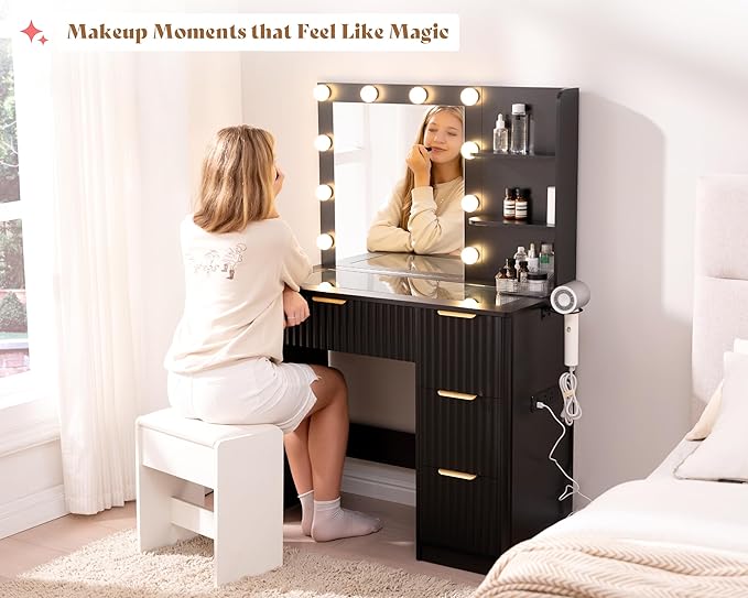 AMERLIFE 36.2" Fluted Vanity Desk with Mirror and Adjustable LED Lights, Large 4 Drawers Makeup Table with Glass Top and Charging Station for Women and Girls, Bedroom or Dorm, Black