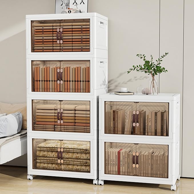 Storage Bins with 2 Lids and Wheels, Collapsible Bathroom Storage Cabinet with Clear Doors, Plastic Stackable Closet Organizers and Storage Containers White 942 QT