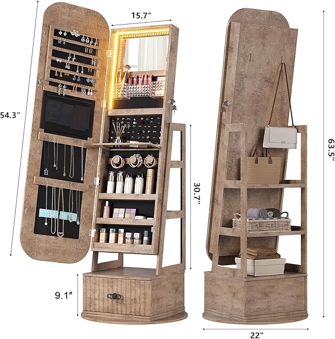 360°Swivel jewelry organizer with Full Length Mirror with Lights,Jewelry Armoires Cabinet Standing with Drawer,Large Mirror Storage for Jewelry and Makeup（Wood）