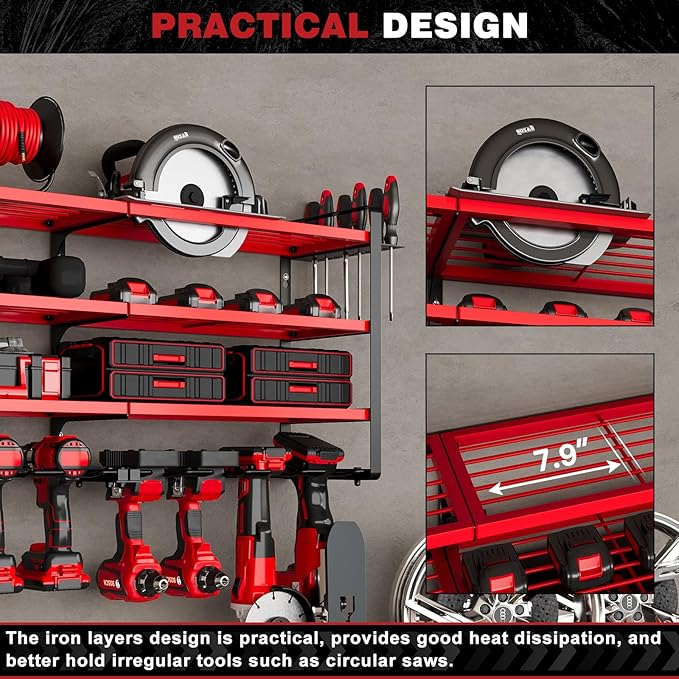 48" Large Power Tools Organizer Wall Mount,12 Drill Holder for Garage, Workshop Heavy Duty Storage Rack (Red)